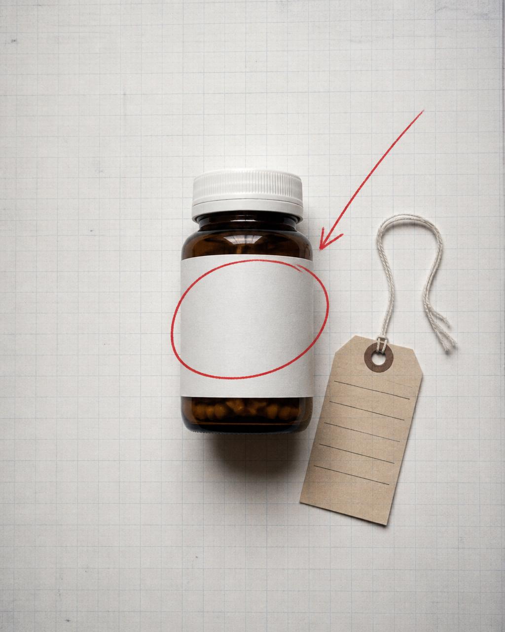 Amber supplement bottle on grid paper with red hand-drawn circle around the label and a manila evidence tag.