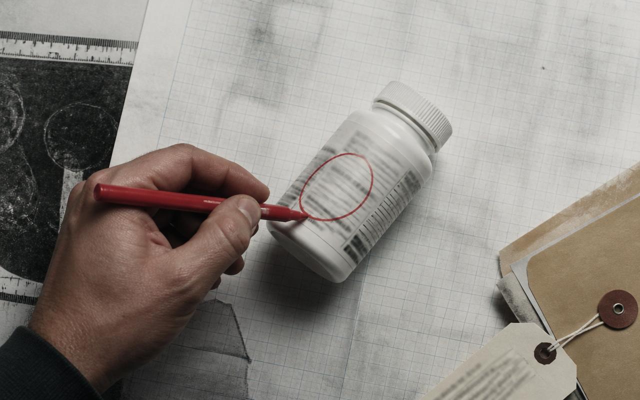 Overhead photo of a hand marking a red circle on a plain supplement bottle label with a dossier envelope beside it.