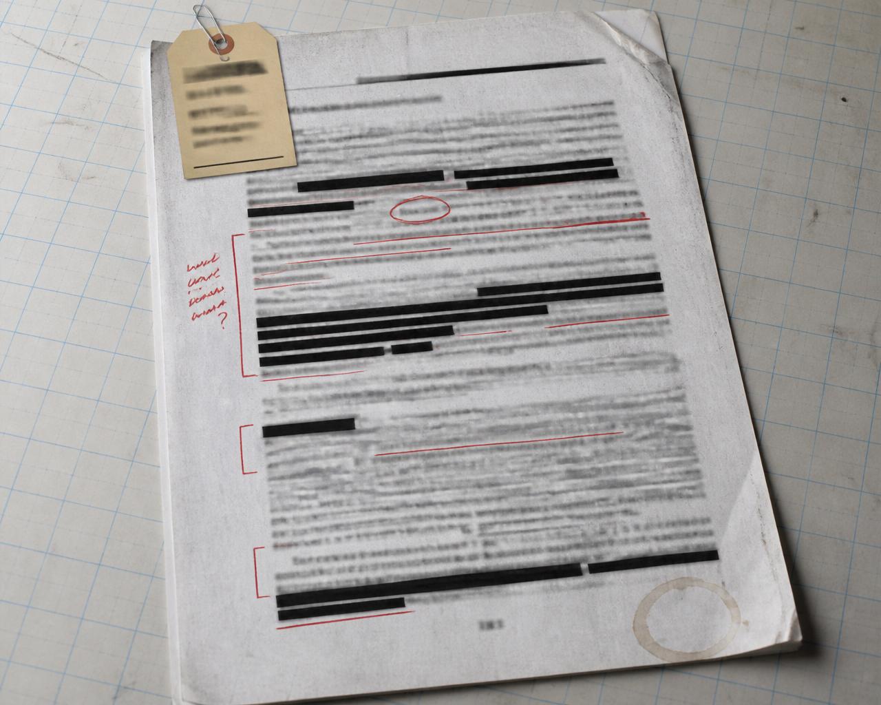 Photocopied clinical study page with black redaction bars, red pen underlines and margin brackets.